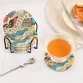 thumbnail image 3 of Yayeee 6 PCS Drink Coasters with Holder Set Woven Absorbent Round Tabletop Hot Pad, Blue Retro Print, 3 of 7