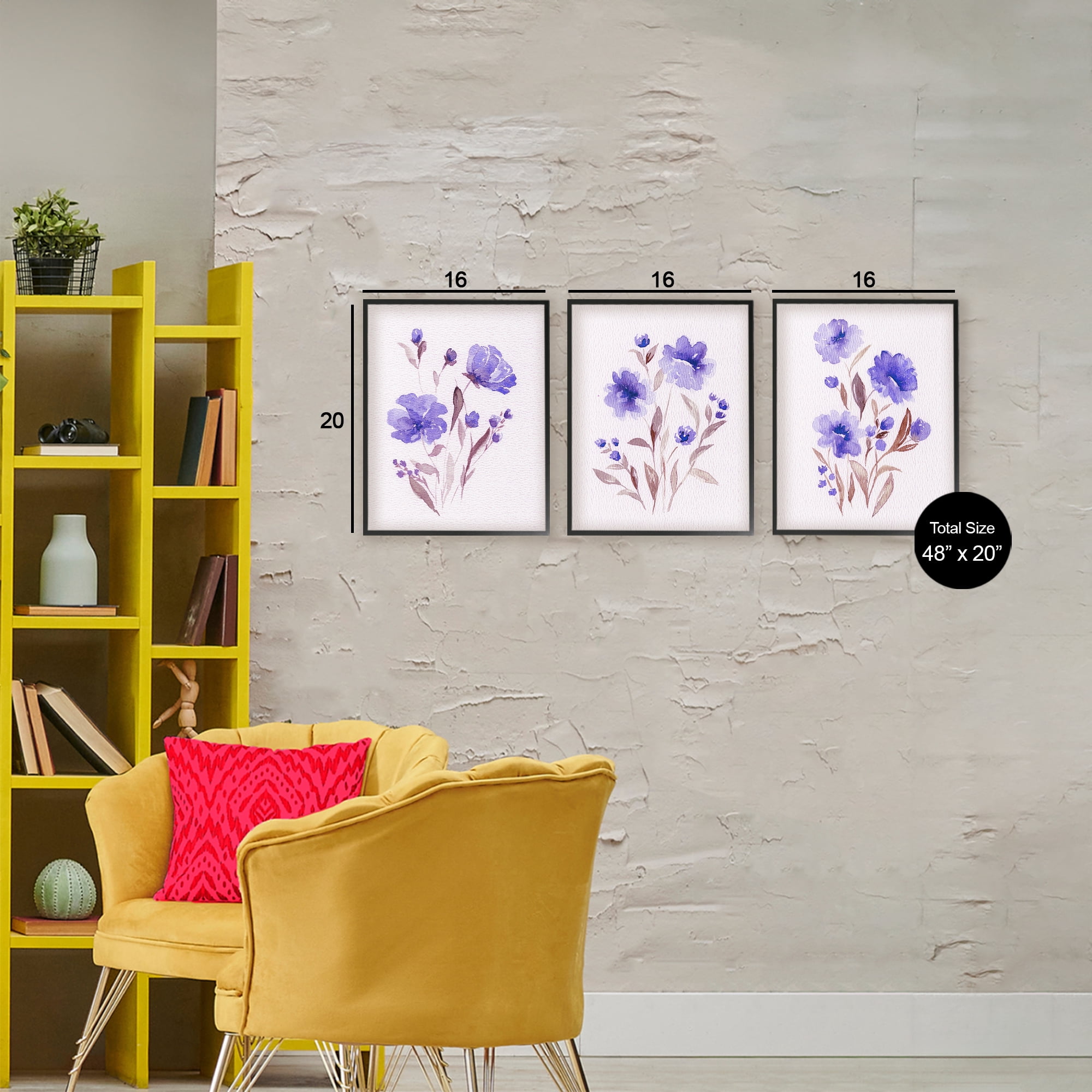 Stupell Industries Watercolor Purple Blooms 3 Piece Black Framed Giclee Art Set, design by Leah Noel Art