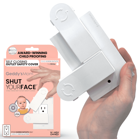 Baby Proofing Self-Closing Outlet Cover by Geddy’s Mom, Shut Your Face Child Safety Wall Plate, 2-Screw Decora, White, 1 Pack