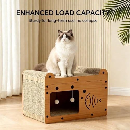 Cat Scratcher House, 2 in 1 Cat Bed and Cave with Hanging Ball Toys, Wooden Scratching Board for Kittens and Adult Cats