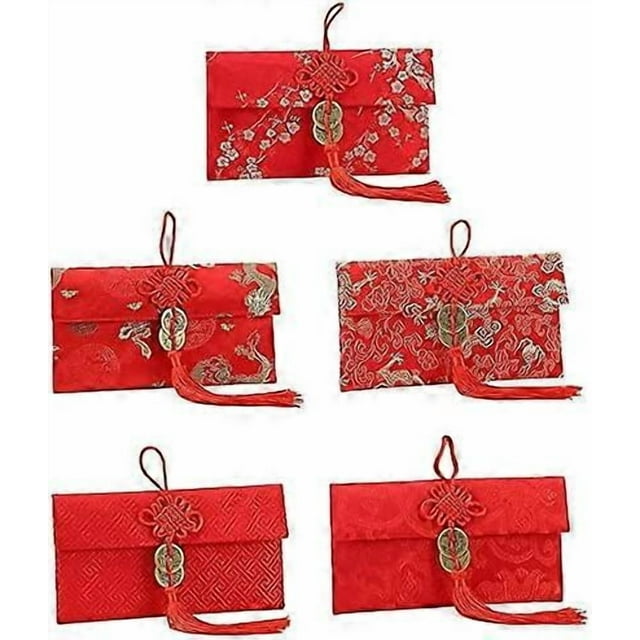 5 Pieces Embroidery Red Envelopes, HongBao Chinese Element Festive Chinese Money Pockets Gift Card Chinese Lucky Red Envelopes Lucky Money Envelope wi