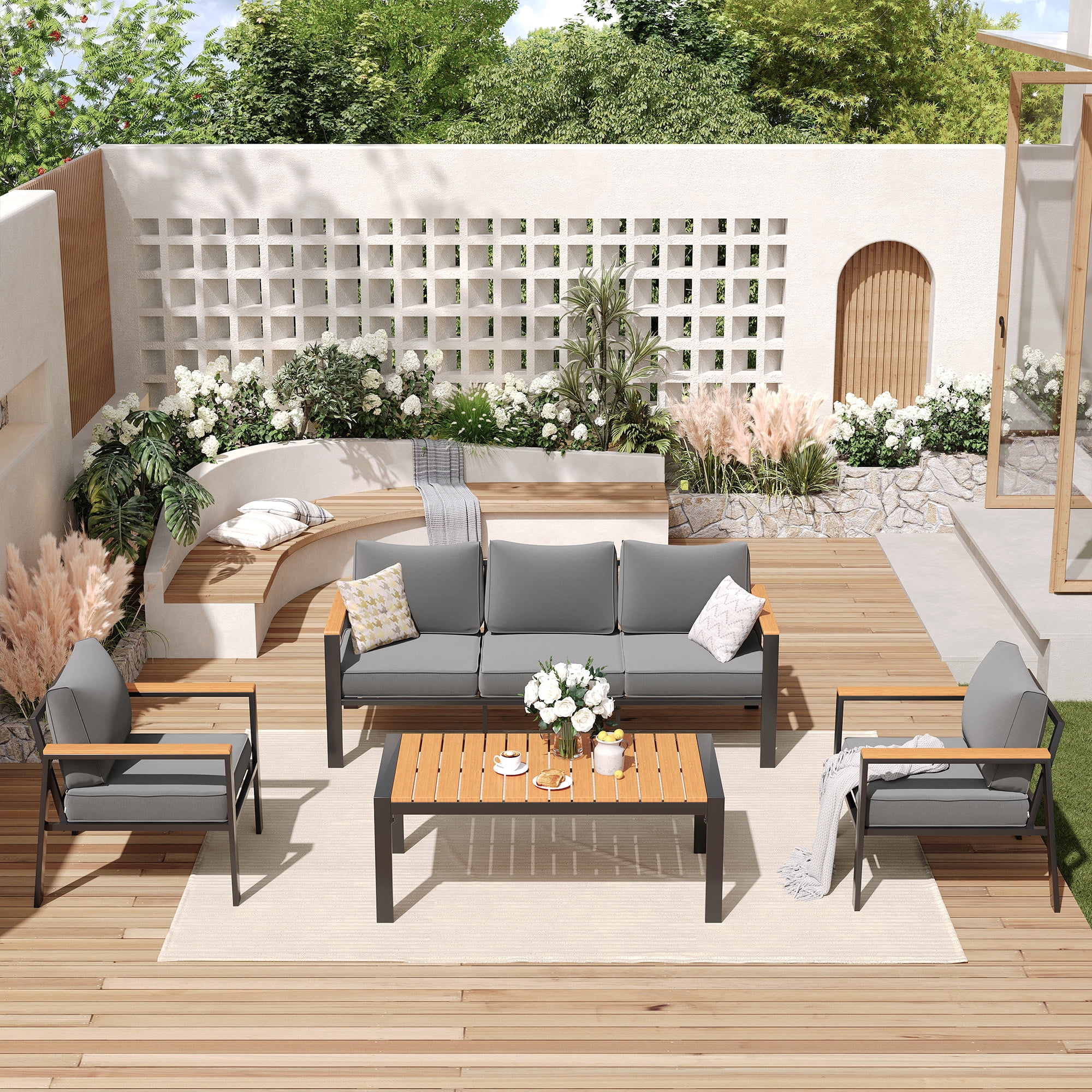 ELPOSUN Aluminum Patio Furniture Set, 6 Pieces Modern Patio Conversation Sets, Outdoor Sectional Metal Sofa with Coffee Table for Balcony, Garden, Dark Grey (Included Waterproof Covers)