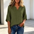 thumbnail image 5 of MaFYtyTPR Women's V-Neck Linen Top 3/4 Sleeve Collarless Casual Blouse Solid Loose Fit Three-Quarter Sleeve T-shirt for Daily Wear A-Army Green L, 5 of 6