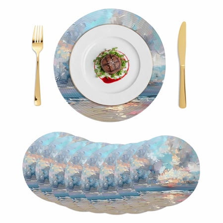 Blue Gray Coastal Round Placemats Set of 8 Braided Polypropylene Place Mats Oil Painting Modern Abstract Art Washable Table Mats for Kitchen Dinner Holiday Wedding Party Coffee Table Decoration 15
