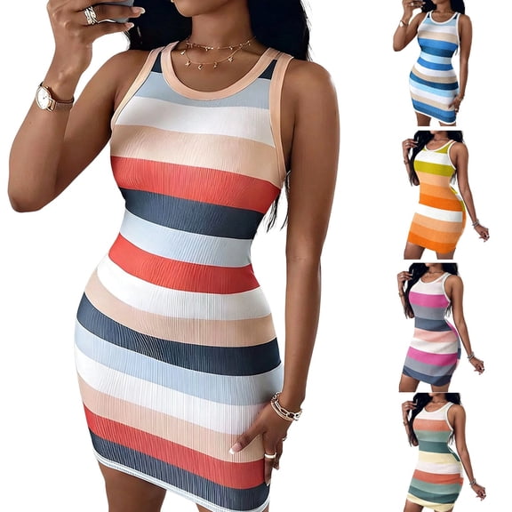 BRGZLK Womens Tank Dresses Ribbed Scoop Neck Elastic Solid Color Sleeveless Basic Round Neck Striped Bodycon Mini Dress