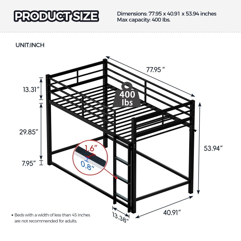 Twin Over Twin Bunk Bed with Ladder and High Guardrail, Heavy-Duty Metal Bunk Bed with Underbed Storage, Noise-Free Design, Black