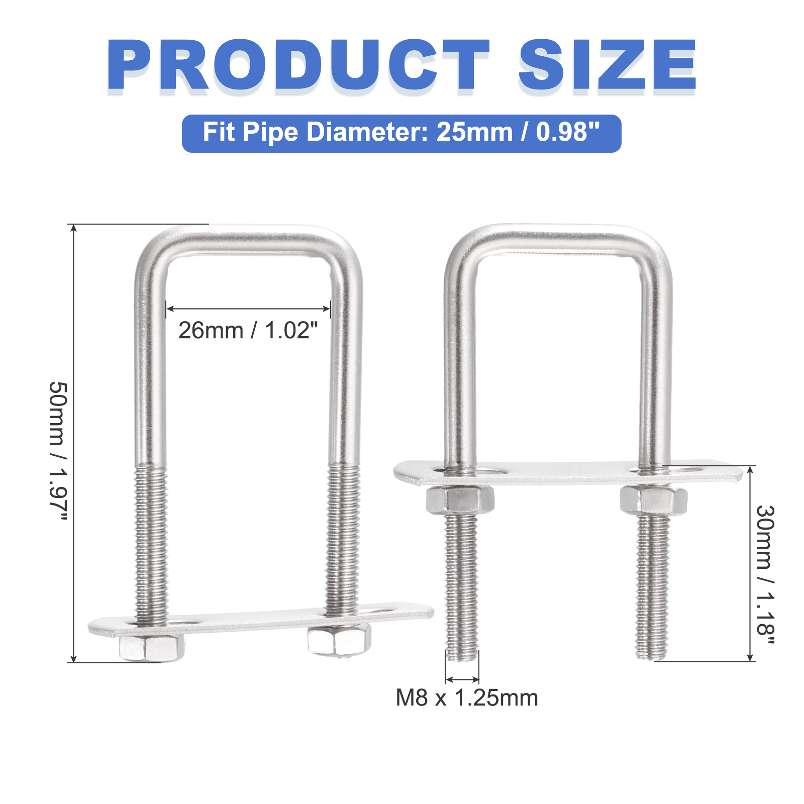 Uxcell 6 Sets M8 Square U-Bolts, 1.02" Inner Width 1.97" Length 304 Stainless Steel U Clamp Bolts with Nuts, Plates and Wrench