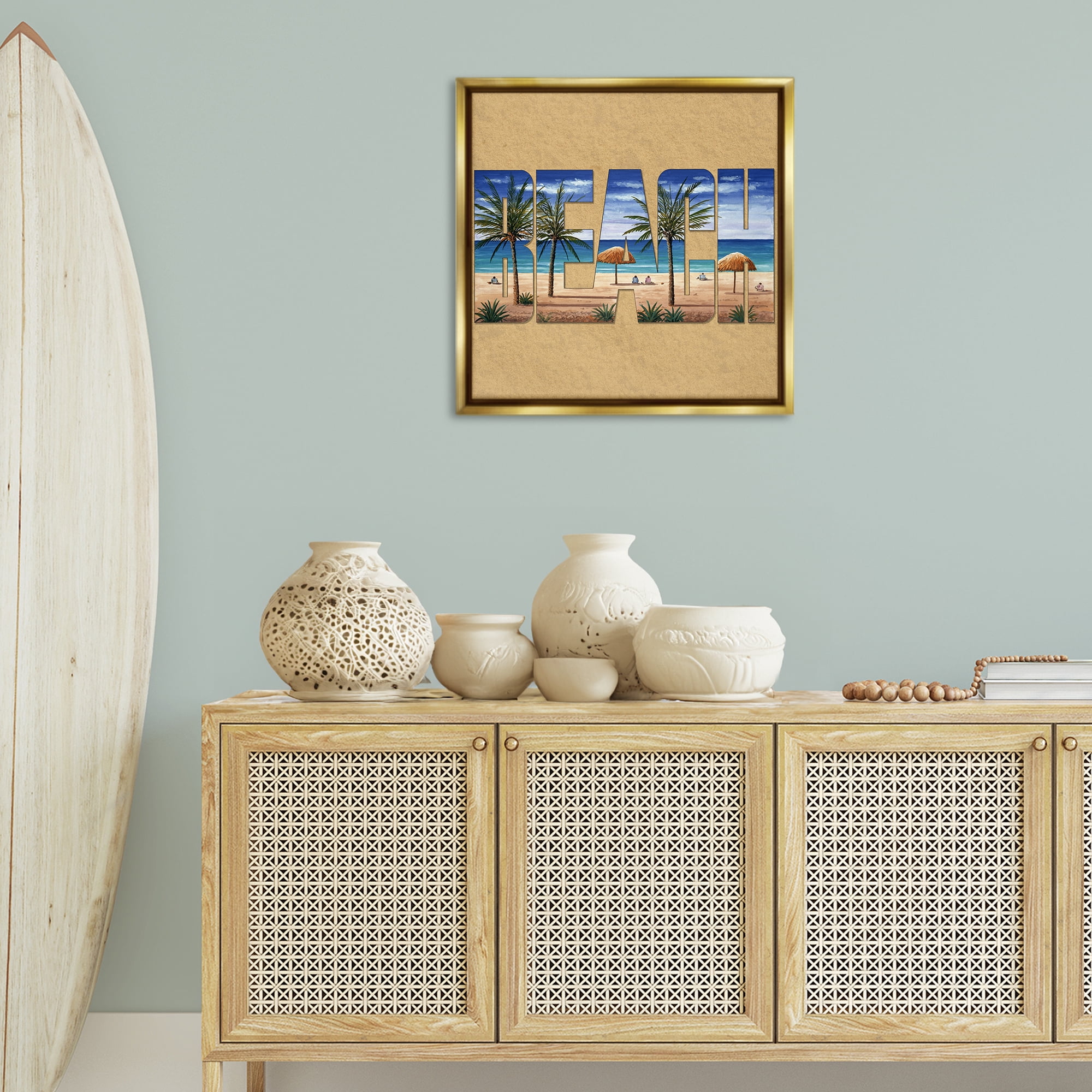 Stupell Industries Tropical Beach Typography Nautical & Beach Painting Gold Floater Framed Canvas Art Print Wall Art, 25 x 25