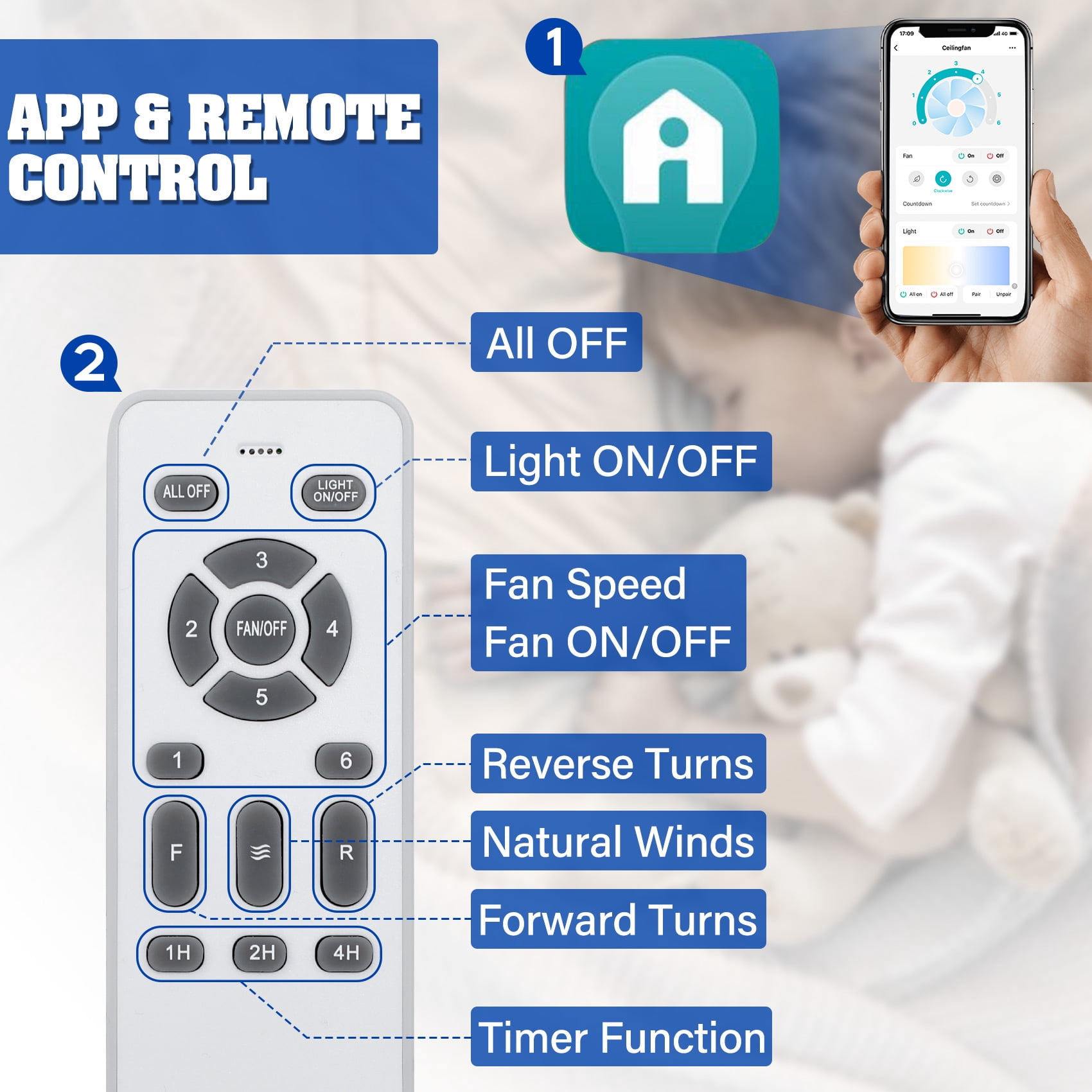 TCFUNDY 18" RGB LED Ceiling Fan Light Kit w/ Bluetooth Speaker, Low Profile Ceiling Fan Light, Semi Flush Mount Fandelier, APP & Remote Control, Black