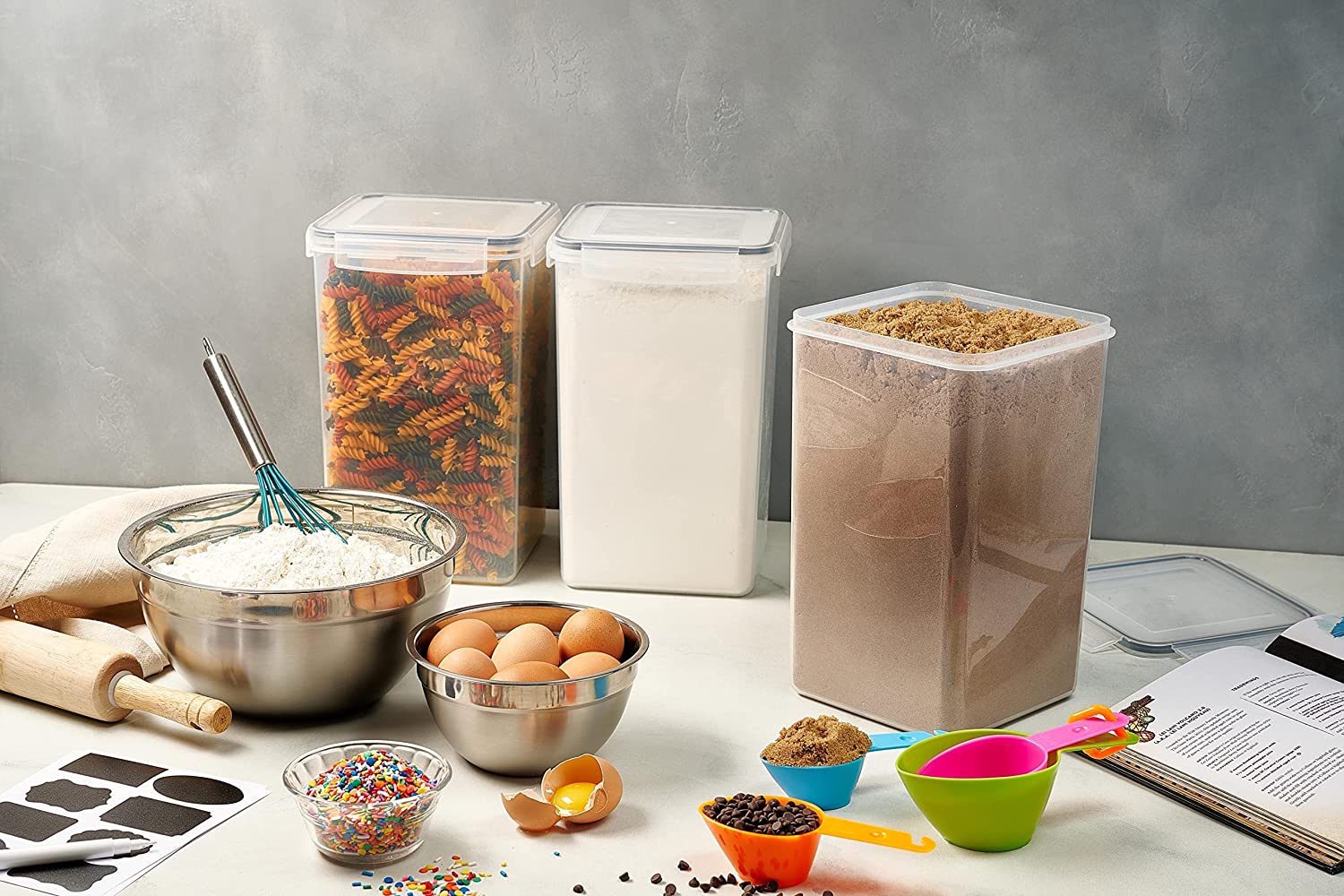 2 Pack Extra Large Airtight Food Storage Containers - 6.5L / 220 Oz BPA Free Clear Plastic Kitchen and Pantry Organization Canisters for Flour, Sugar, Rice & Baking Supply - Labels, Marker & Spoon Set