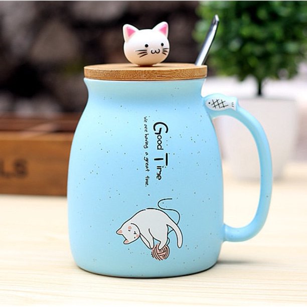 Taza de gato de cerámica de dibujos animados de 450ml con tapa y cuchara, tazas de café, té de la leche, taza de desayuno, regalos novedosos Adepaton 2030088-1