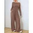 thumbnail image 5 of Women'S 2 Piece Matching Lounge Set Long Sleeve Boat Neck Top Wide Leg Pants Casual Sweatsuit Khaki XXL, 5 of 9