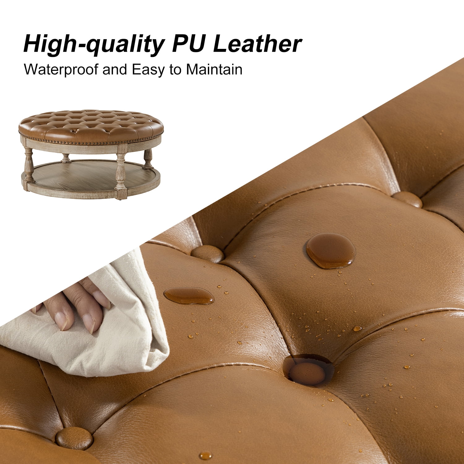 35" Leather Round Cocktail Ottoman Storage Coffee Table for Bedroom Home Living Room Camel