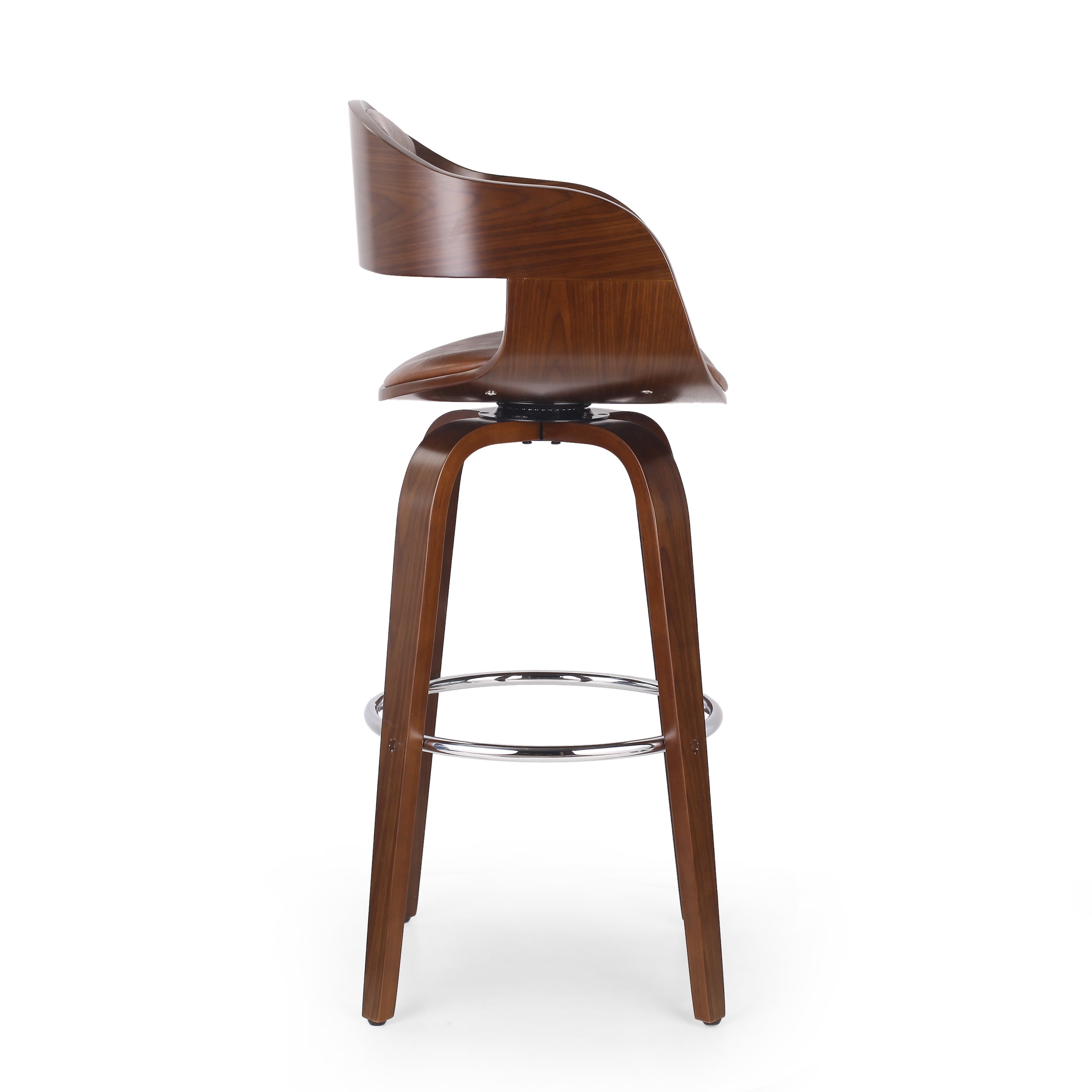Noble House Lovejoy Upholstered Swivel Barstool, Cognac Brown and Walnut
