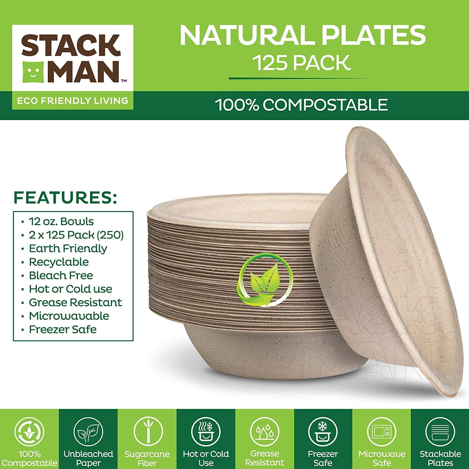 Paper Bowls Heavy-Duty Quality Natural Disposable Bagasse Eco-Friendly Biodegradable Made of Sugar Cane Fibers 125-Pack 100% Compostable 12 oz