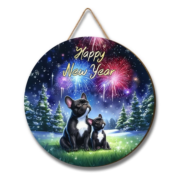 Happy New Year French Bulldog Family Cheer Winter Midnight Firework Round Wood Sign Dog Lover Gifts Hanging Wall Home Decor - 02025