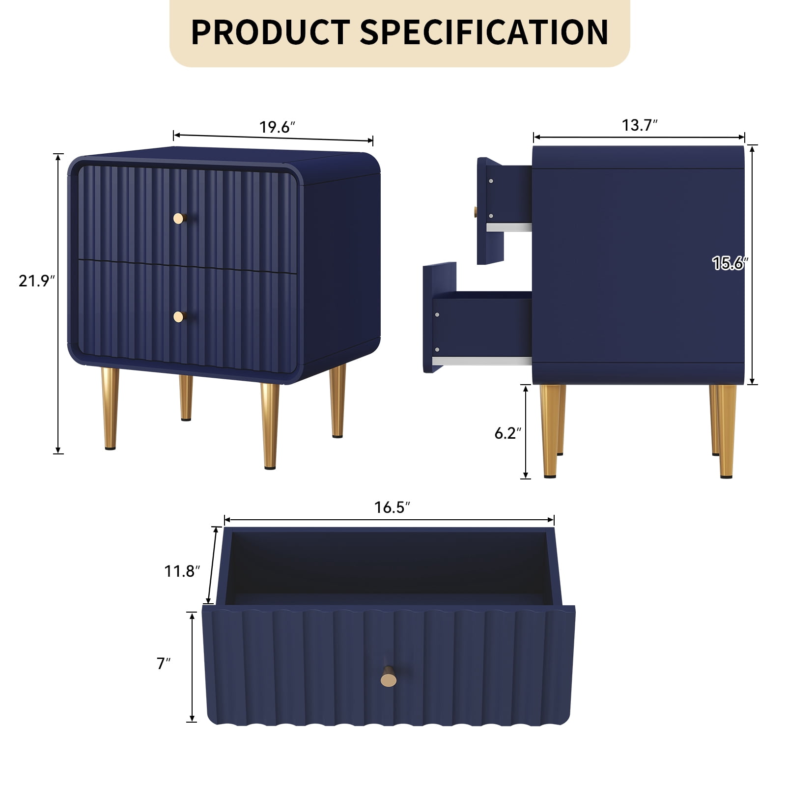 CBJCBJ 20" Modern Fluted Nightstand Set of 1, White Wood Bedside Table with 2 Drawers & Gold Metal Handles（BLUE)
