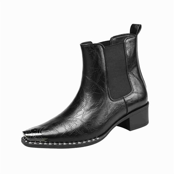 Men's Fashion Chelsea Boots with Metallic Toe Cap, Textured Embossed Leather Ankle Booties with Elastic Sides, Low Heel Western Style Boots for Men, Black/Brown/Grey/Green