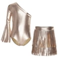 thumbnail image 3 of TiaoBug Kids Girls Latin Dance Outfit Shiny Metallic Fringe Dress One Shoulder Top with Tassels Skirts Set Camel 6, 3 of 7