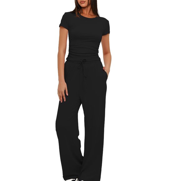 fheaev 2 Piece Sets for Women Casual Summer Travel Vacation Outfits Loose Short Sleeve Pullover Top Matching Wide Leg Pants Sets Tracksuit Suits