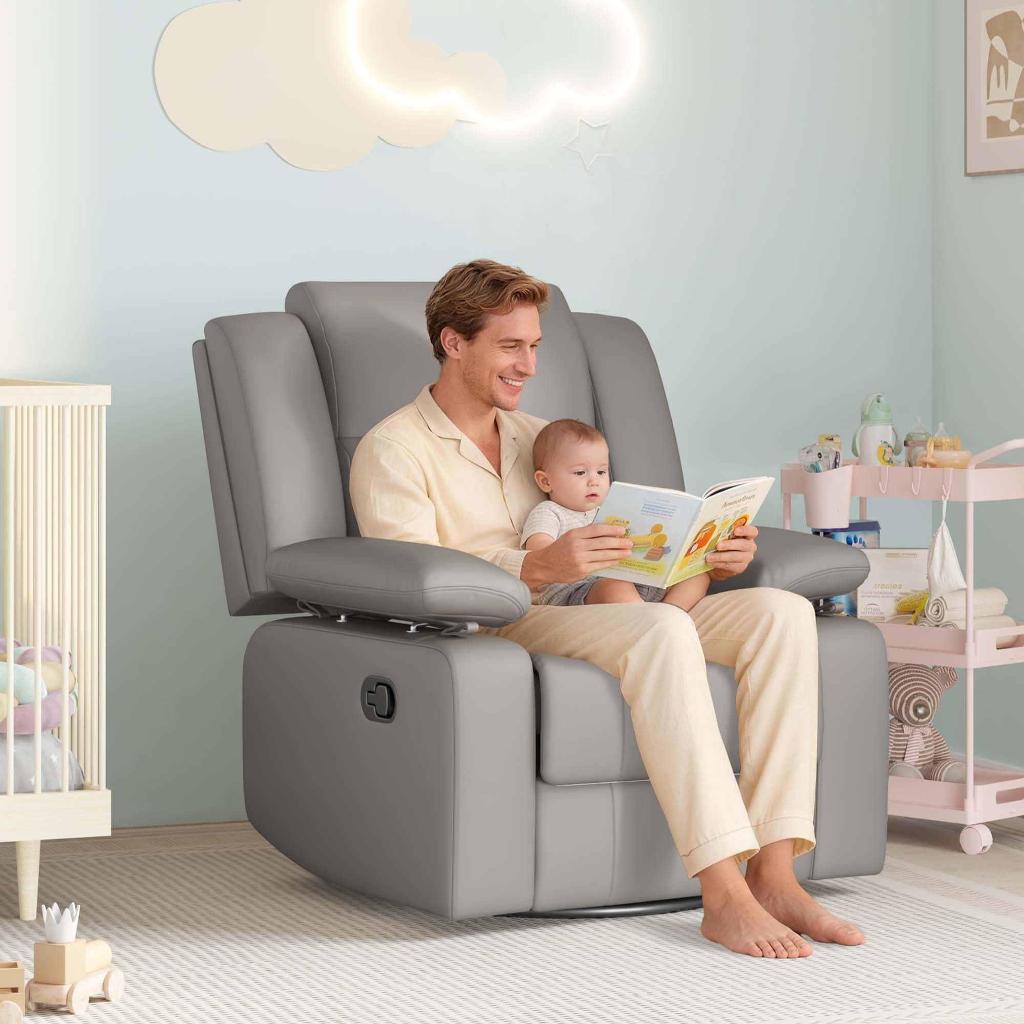 LAZZO Recliner Chair with Adjustable Armrest and Headrest, Upholstered Swivel Rocking Chair for Nursery & Living Room, Gray