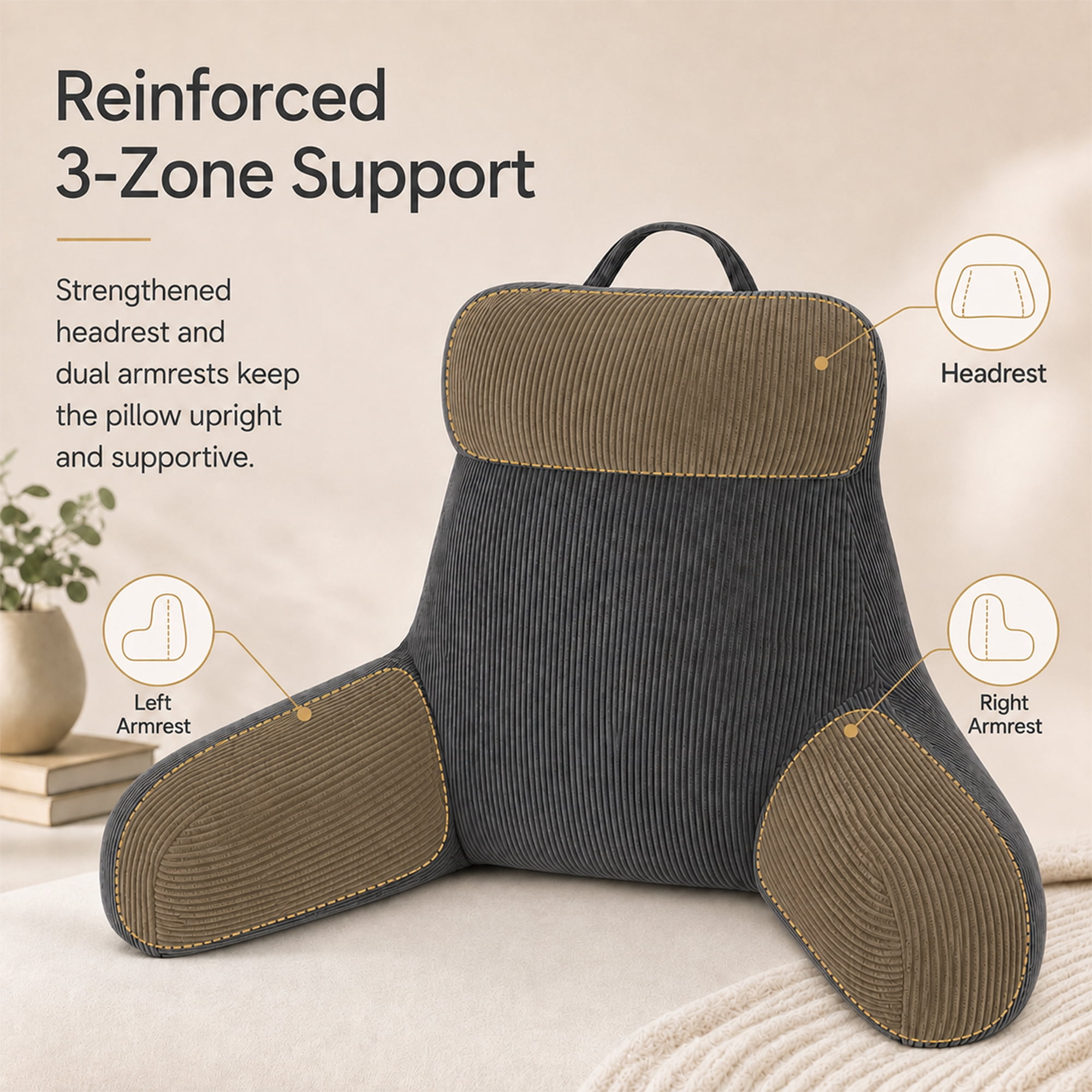 18” Reading Pillow,Backrest Pillow with Adjustable Firmness, Reinforced Headrest & Armrests, Supportive Sit-Up Pillow for Bed, Floor, Gaming(Grey)