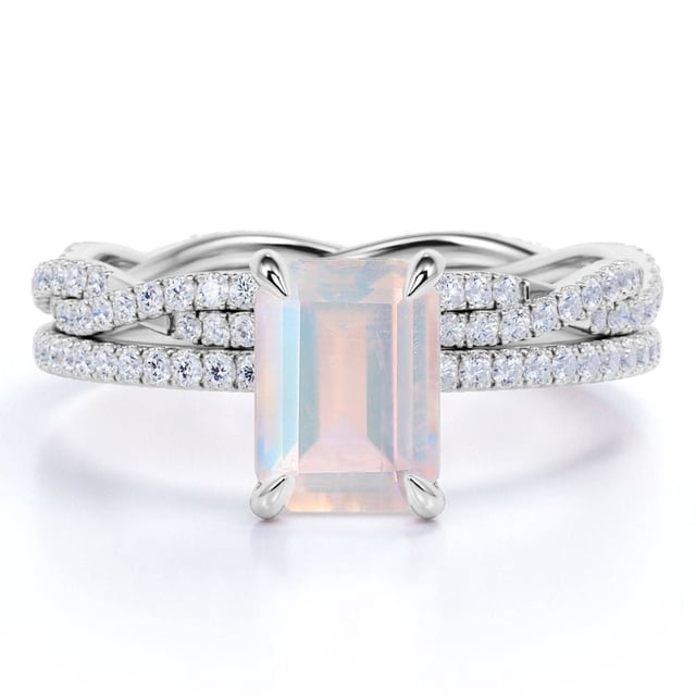 JeenMata Anillo Nupcial de 1,5 Quilates con Piedra Lunar Arcoíris Facetada y Pavé de Moissanita Engastado en Oro Blanco de 1,58 K sobre Plata