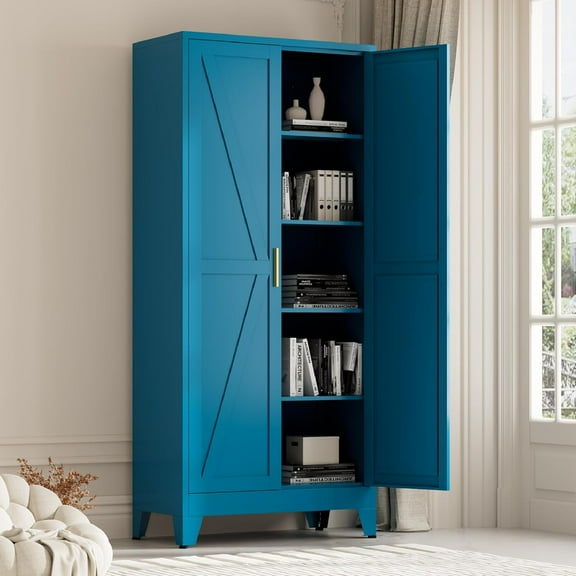 71" Tall Storage Cabinets, Farmhouse Metal Cabinet Bookshelf with 2 Doors and 4 Adjustable Shelves, Blue Kitchen Pantry Cabinets for Kitchen Living Room, Home Office, Laundry, Bathroom