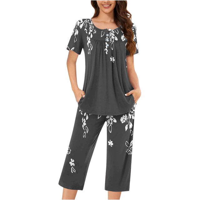 COM1950s Shorts pour Femmes, Ensembles de Pyjama pour Femmes, Blouse Décontractée à Col Rond Manches Courtes Mode Pantalon Ensemble de Pyjama, Pyjamas pour Femmes, Blouses pour Femmes, Blouses pour Femmes Mode