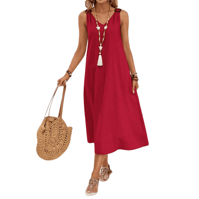 Vestidos para Mujer, Verano, Sin Mangas, Cuello en V, Algodón, Playa, Informal, Color Vino Tinto, Talla XL
