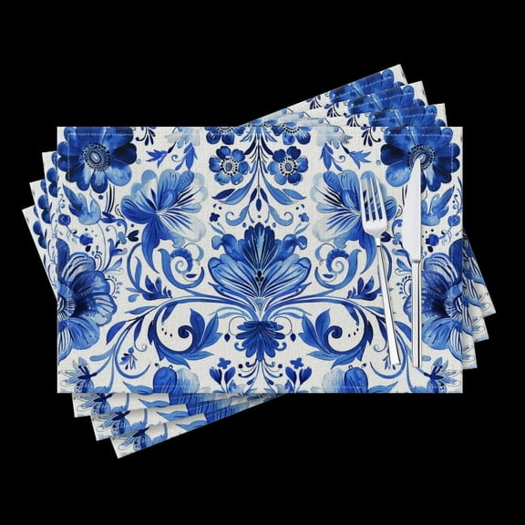 BaHomeck placemats Set of 4 Blue And White Floral Pattern In The Style Of Russian Cotton Linen rectangle Placemats for Kitchen Dining Table Indoor,Outdoor,18*12inch