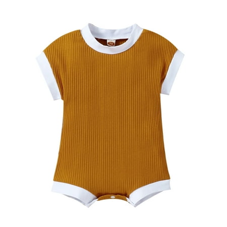 

JINSIJU Baby Summer Romper Color Contrasts Ribbed Short Sleeve Crew Neck One-Piece Infant/Toddler Snap Boxer Bottom Jumpsuit