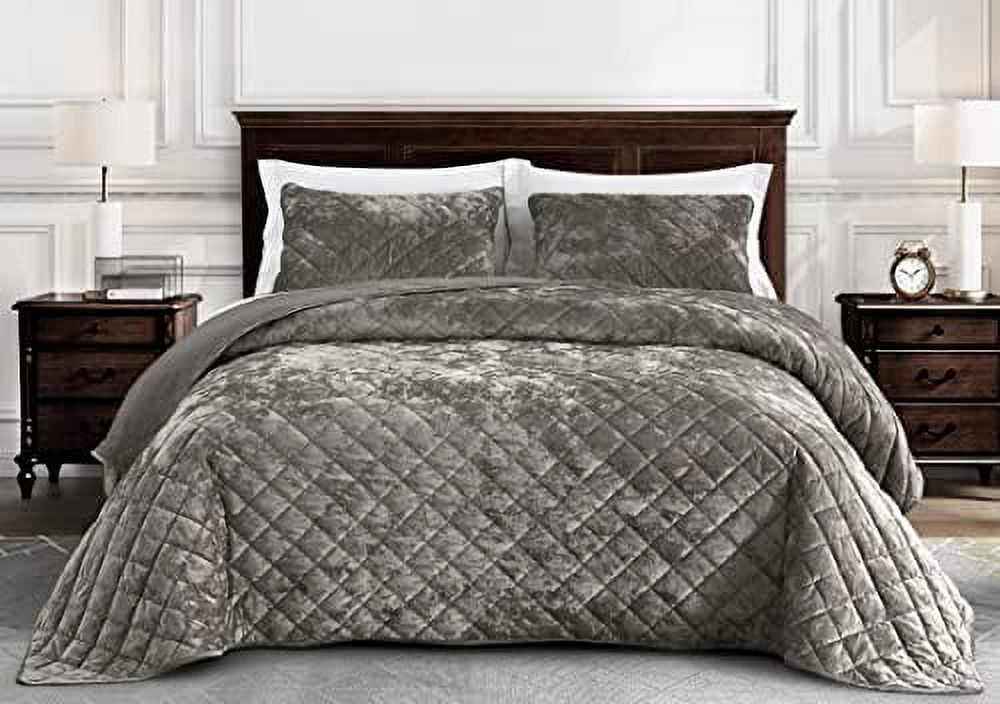 Lux Pewter Gray Velvet Quilt Queen Set, 3Piece Geometric All Season