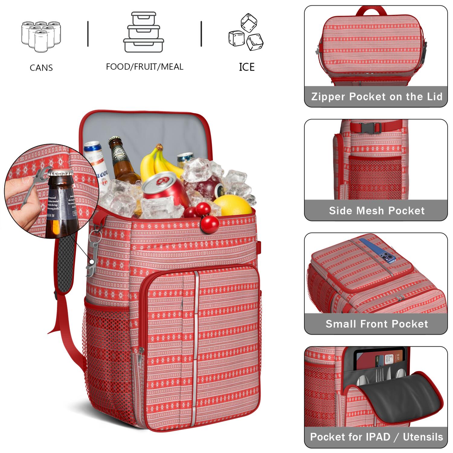 Travel Cooler Bag - Red Christmas Folk Pattern Camping Beer Cooler Backpack with Bottle Opener- Waterproof Insulated Picnic Backpacks - Cooler Bag for Beach