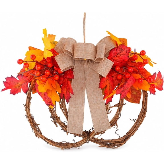 Fall Wreath for Front Door, 15.75 Inch Maple Leaf and Red Berry Double Ring Grapevine Wreath with Burlap Bow, Autumn Thanksgiving Harvest Decor for Door Wall Window Home Decoration