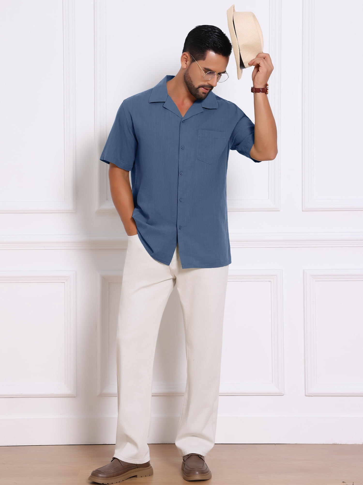 DARING DIVA Men's Camp Collar Button Down Short Sleeve Cotton Shirts S Dark Blue