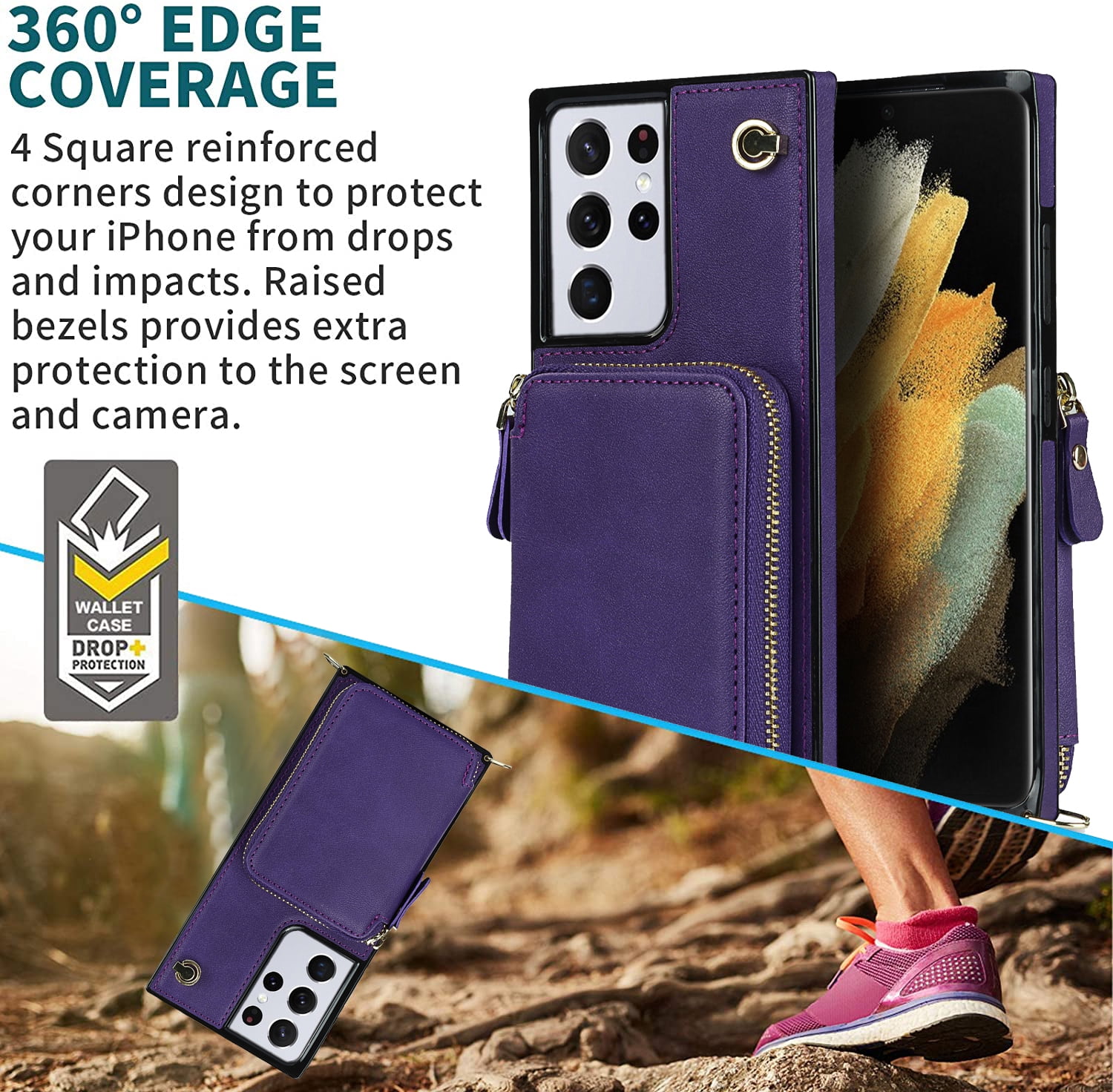 TECH CIRCLE For Galaxy S22 Ultra Wallet Case,Card Holder Phone Case for Women, Zipper PU Leather Purse Kickstand Folio Flip Case with Crossbody Strap for Samsung Galaxy S22 Ultra 6.8" 2022,Purple