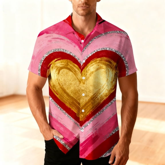 Handshe Men's Short Sleeve Button-Down Shirt, Printed Design for Valentine's Day and Casual Wears