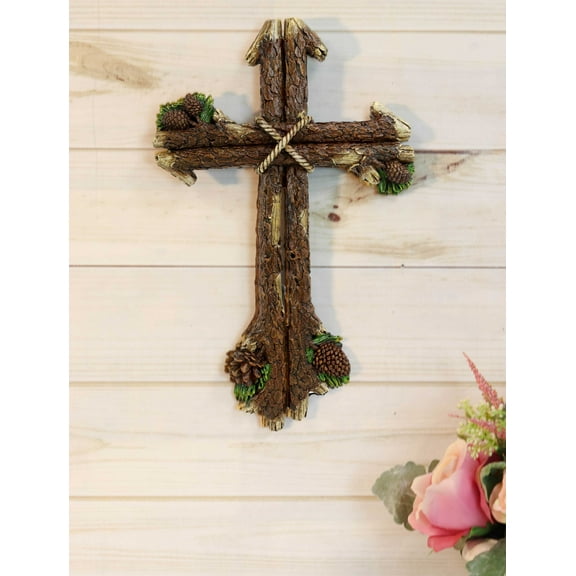 Rustic Western Rugged Tree Logs With Festive Pine Cones Wall Cross Decor Plaque
