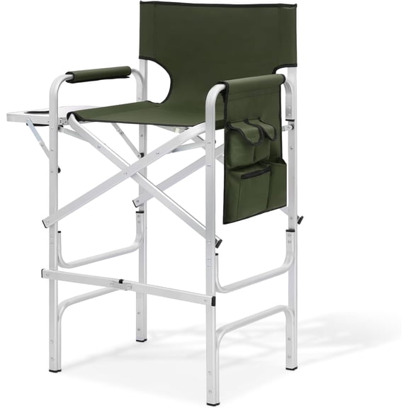 QRKD Tall Director Chair for Seniors & Makeup Artists, 31" Seat Height, 250 lbs Capacity, Folding Chair with Side Table, Pocket & Cup Holder, Portable for Camping, Fishing & Events, Dark Green