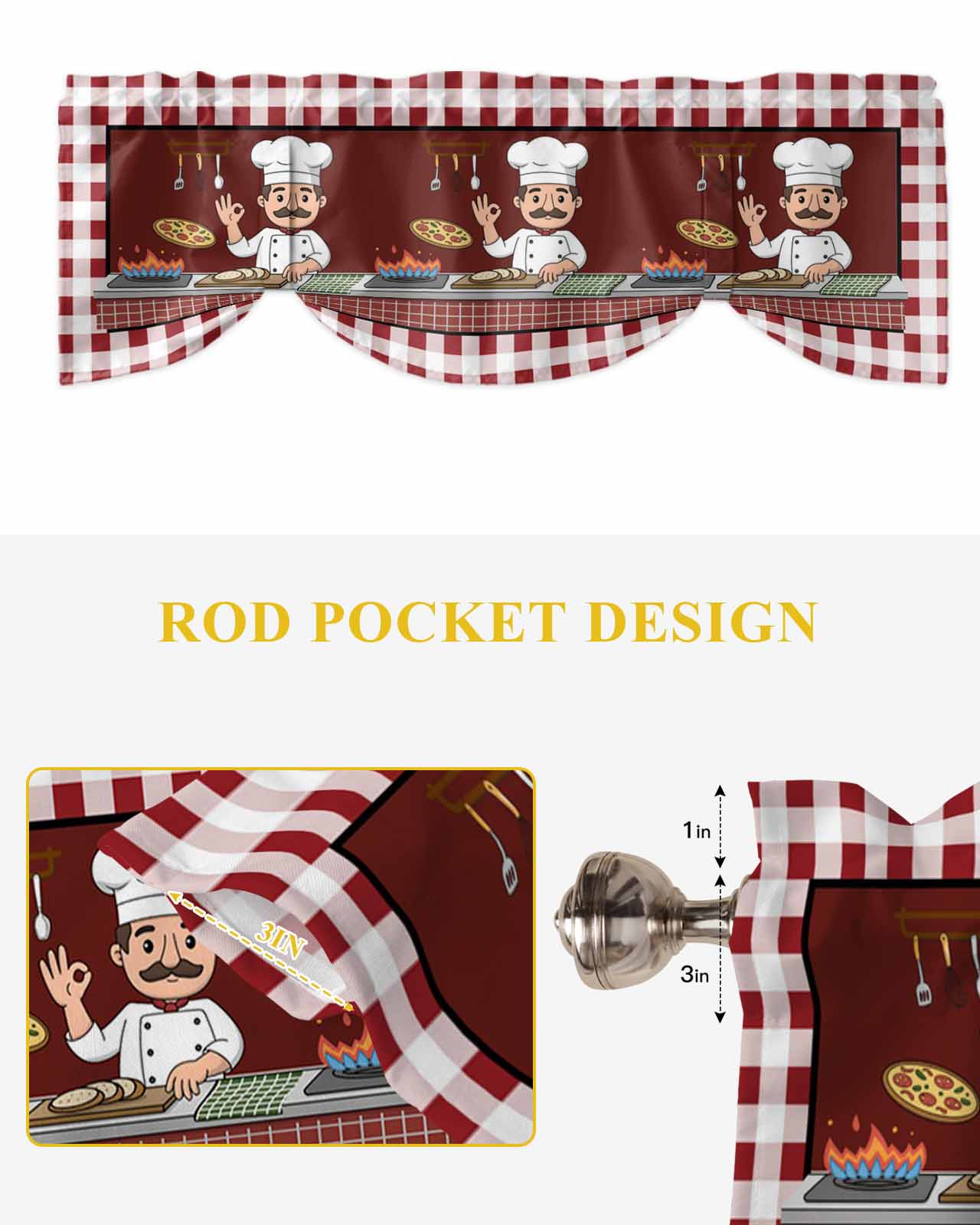 Chef Gourmet Kitchen Tie Up Valances Curtain, Adjustable Kitchen Knife And Fork Red Plaid Valances for Windows Decor, Rod Pocket Short Curtains Set for Bedroom/Bathroom, 54"x18"
