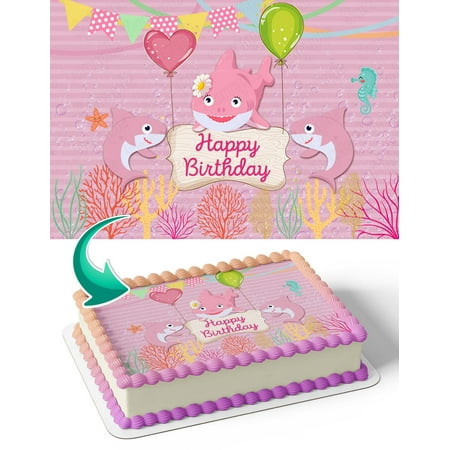 Pink Cute Shark Baby Girl SPG Edible Image Cake Topper Birthday Sheet Banner 1/4 Sheet
