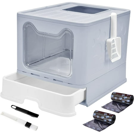 Cat Litter Box with Lid  Top Entry Cat Litter Box Pan  Enclosed Cat Potty  Anti-Splashing Cat Toilet  Foldable Litter Box Large Covered Cat Supplies with Scoop Brush and Garbage Bag Gray