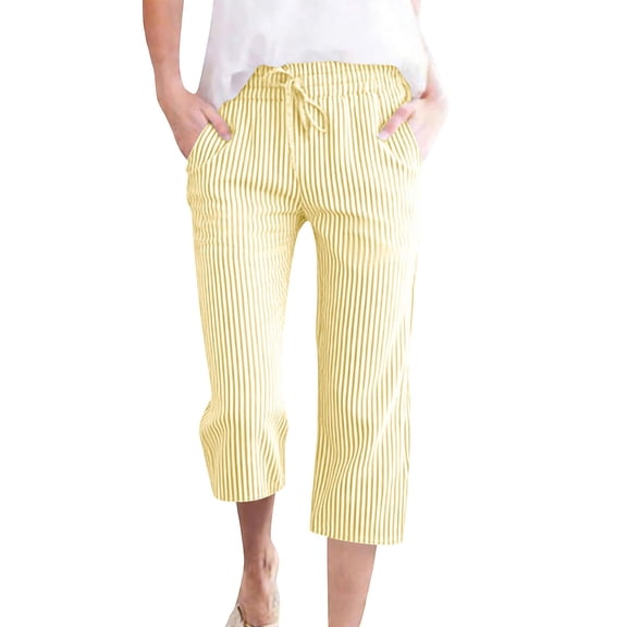 MLQIDK Yellow Striped Capri Pants for Women Striped Capris High Waisted Knee Length Pedal Pushers Dressy Casual Pedal Pushers with Pockets Yellow XL