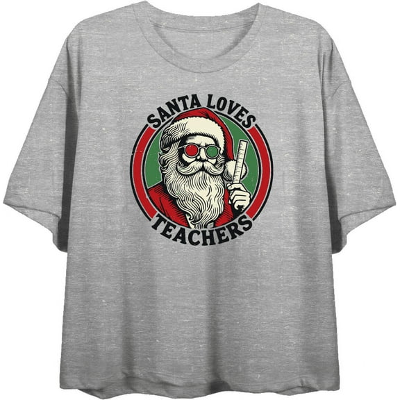 Santa Loves Teachers Women's Heather Gray Crew Neck Short Sleeve Crop Tee-Medium