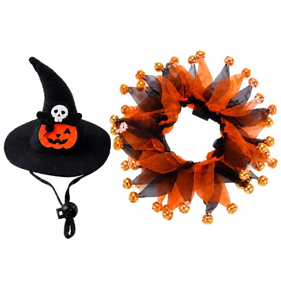 Halloween Pet Costume Set, Witch Hat and Bell Tulle Collar, 2 Piece Cat Dog Outfit for Holiday Photos Party