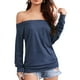 thumbnail image 1 of Blusa con hombros descubiertos Manga larga Color puro Cuello de una línea Tops casuales de moda para mujer Azul XL, 1 of 4