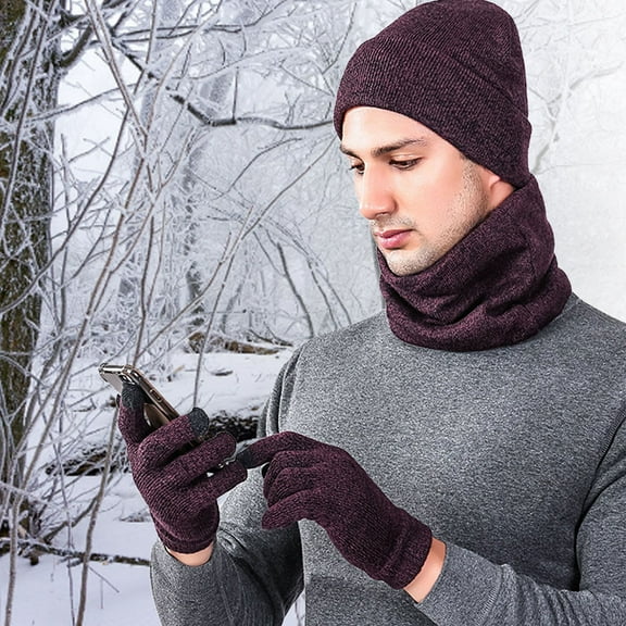 Zhaomeidaxi Winter Beanie Hat Scarf Touchscreen Gloves Set for Men, Beanie Gloves Neck Warmer Set with Warm Knit Fleece Lined
