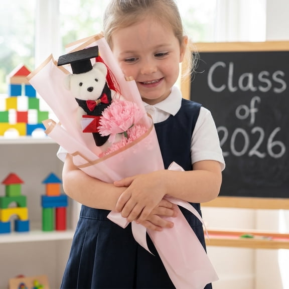 HONITANO Graduation Bear Bouquet in Pink with Foam and Plastic Flowers for Decor