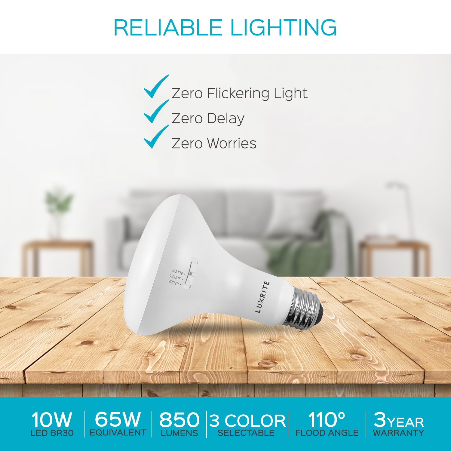 Luxrite 4-Pack BR30 LED Flood Light Bulb, 3 Color Selectable, Dimmable, 850 Lumens, 10 Watt, Damp Rated